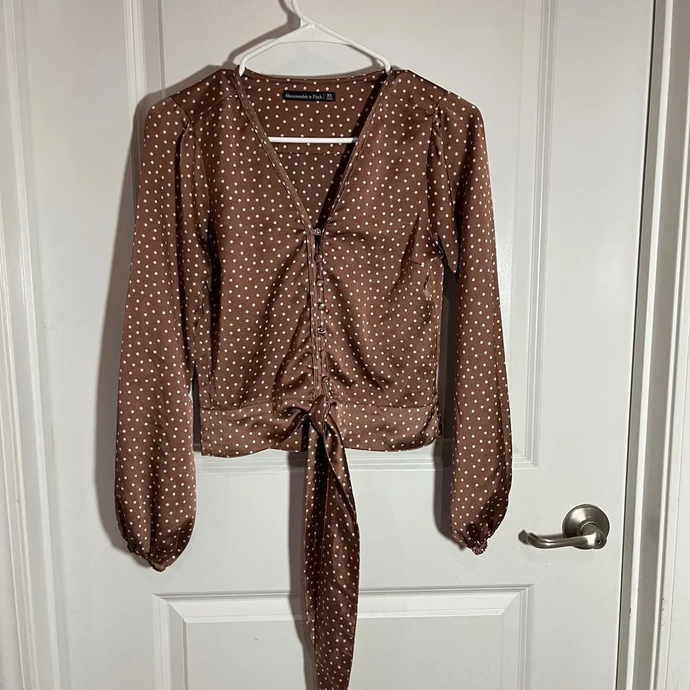 Abercrombie & Fitch Brown Polka Dot Satin Tie Front Blouse XS Long Sleeve Top